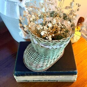 Vintage Wicker Boot-Shaped Basket w/ Lace Trim